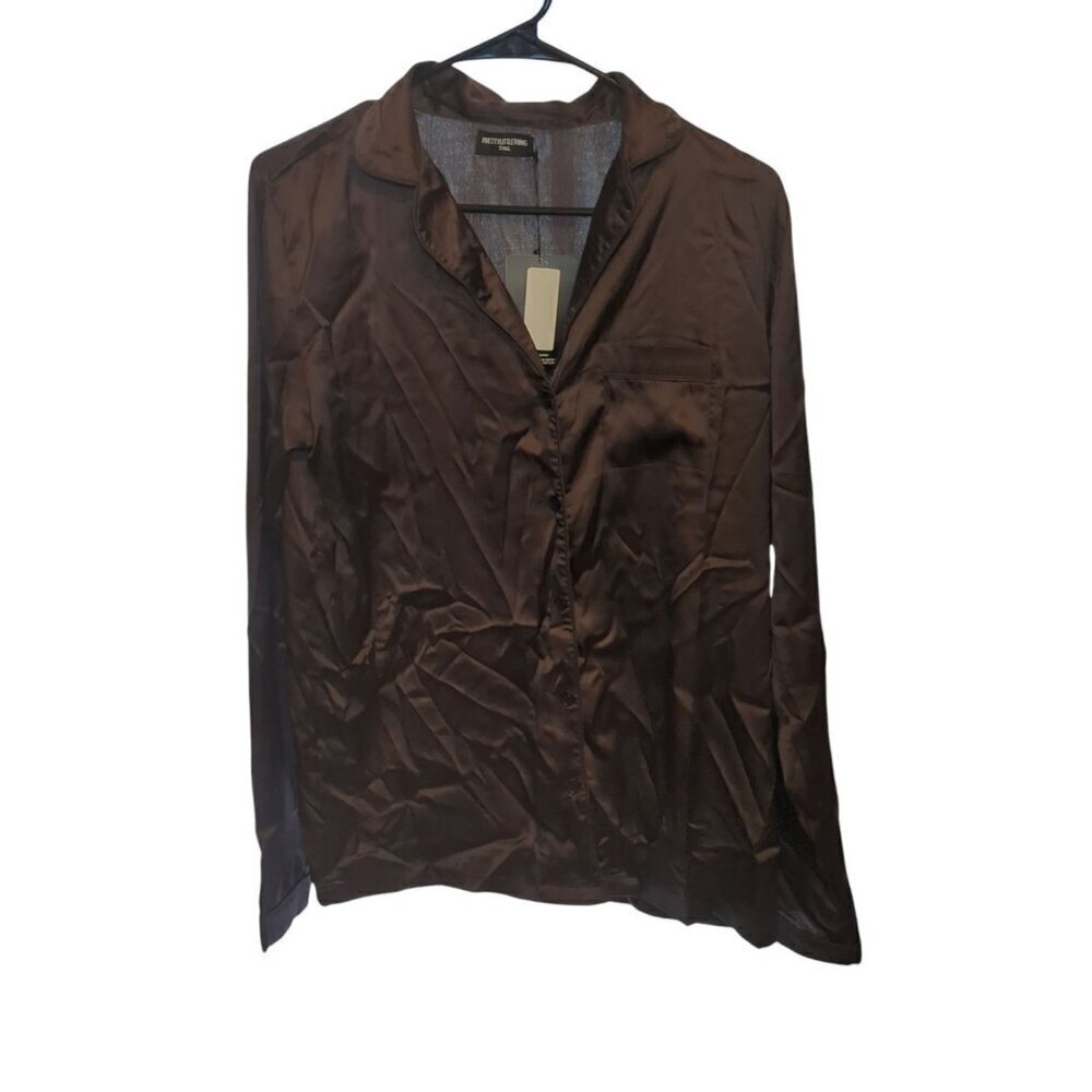 Pretty Little Thing Tall Women's Size 8 Brown Silky Long Sleeve Pajama Blouse